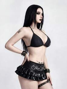 ROMWE Goth 女款性感哥德風 PU 分層荷葉邊下擺罩衫與迷你裙套裝 - 黑與白 - 查看 3