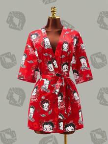 Betty Boop x SHEIN 女士卡通可爱系带睡袍 - - 紅色 - 查看 3