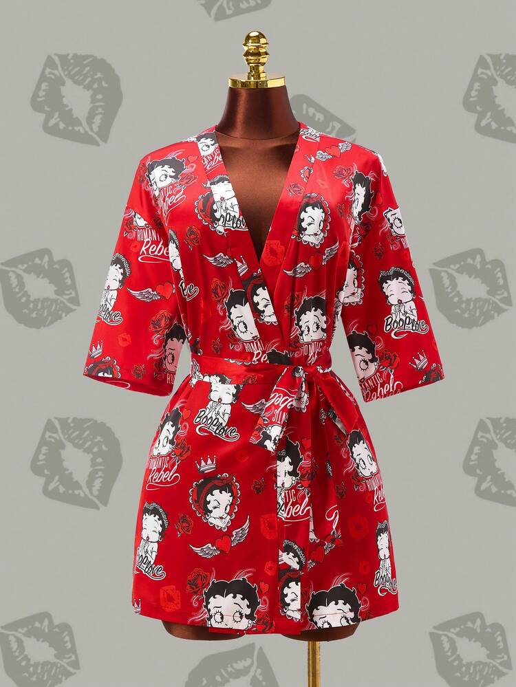 Betty Boop x SHEIN 女士卡通可爱系带睡袍 - - 紅色 - 查看 1