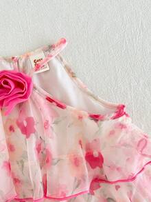 Cozy Pixies Baby Girl Summer Elegant Floral Print 3D Flower Decor Multi-Layer Halter Neck Dress - Pink - View 3