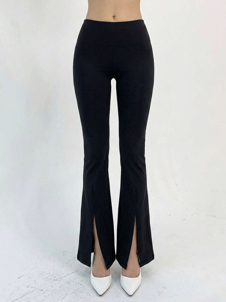 DAZY Solid Color Split Hem Minimalist Leggings, Casual Daily Wear, For Gym Fall Tights School - Black - View 1