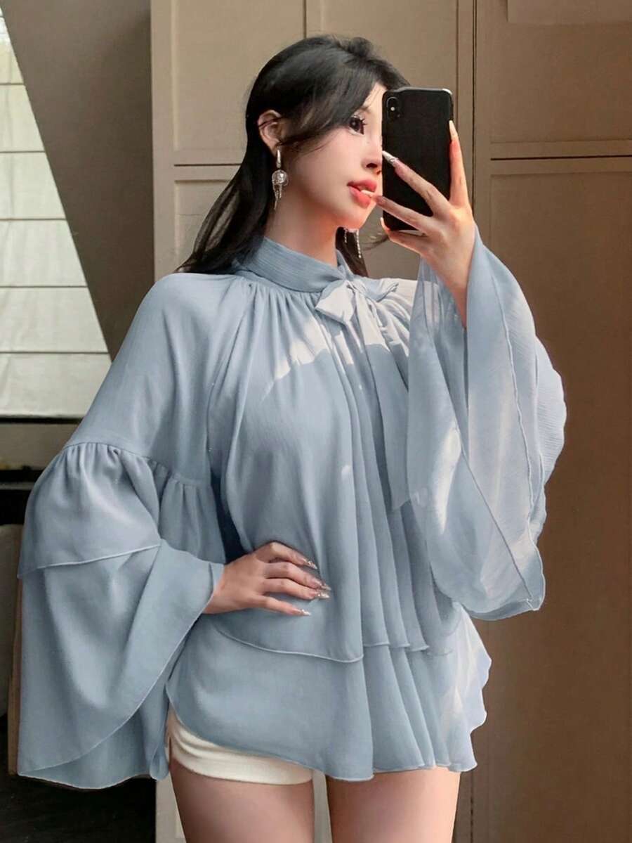 DAZY 女款純色雪紡寬鬆荷葉邊喇叭袖綁帶領優雅夏季長袖度假襯衫 - 藍色 - 查看 1