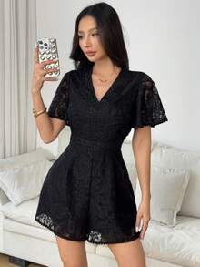 Rafferiza 女士 V 领性感高端蕾丝花边腰线蕾丝拼接优雅法式透明蕾丝连体短裤 - 黑色 - 查看 7