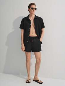 Manfinity CityGents 男士纯色斜插口袋抽绳腰休闲沙滩短裤 - 黑色 - 查看 6