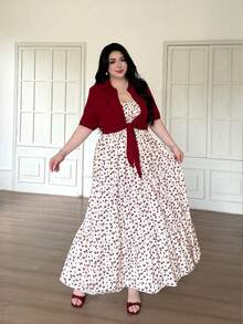 Vibekara Set de 2 piezas, vestido largo casual con tirantes finos talla grande + camisa con estampado de fresas anudada - Multicolor 3 - Ver 6