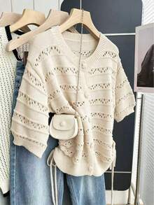 Franclia Casual Loose Round Neck Short Sleeve Hollow Knit Side Drawstring Design Red Women's Knit Top, Spring/Summer - Apricot - View 5