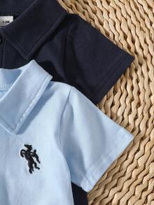 SHEIN 2-Piece Set For Baby Boys: Blue And Navy Blue Collared, Button-Down, Short-Sleeve Embroidered Romper-Cute, Casual, Fashionable, And Simple. Perfect For Summer Outings. New Arrival. - Blue - View 6