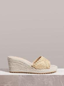 Styleloop Giày nữ, màu nâu nhạt, giày rơm dây gai đan rỗng, dép đế xuồng cao, tăng chiều cao, phong cách Bohemian cho kỳ nghỉ - Màu be - Xem 6