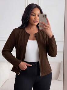 SHEIN Lady CURVE 大码女式黑色仿麂皮夹克，优雅的日常通勤和商务装扮 - 咖啡棕 - 查看 6