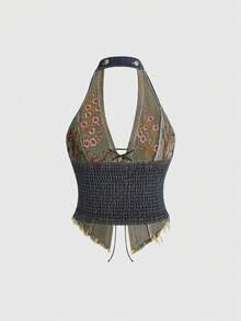 ROMWE Avant 女士复古摩托车 J-FASHION 新款中国风刺绣露背性感加大码牛仔上衣 - 藍色 - 查看 2
