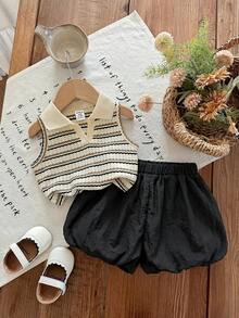 SHEIN LMoss Kids 女婴可爱夏季条纹 Polo 领背心和松紧腰荷叶边短裤套装 - 彩色 - 查看 1