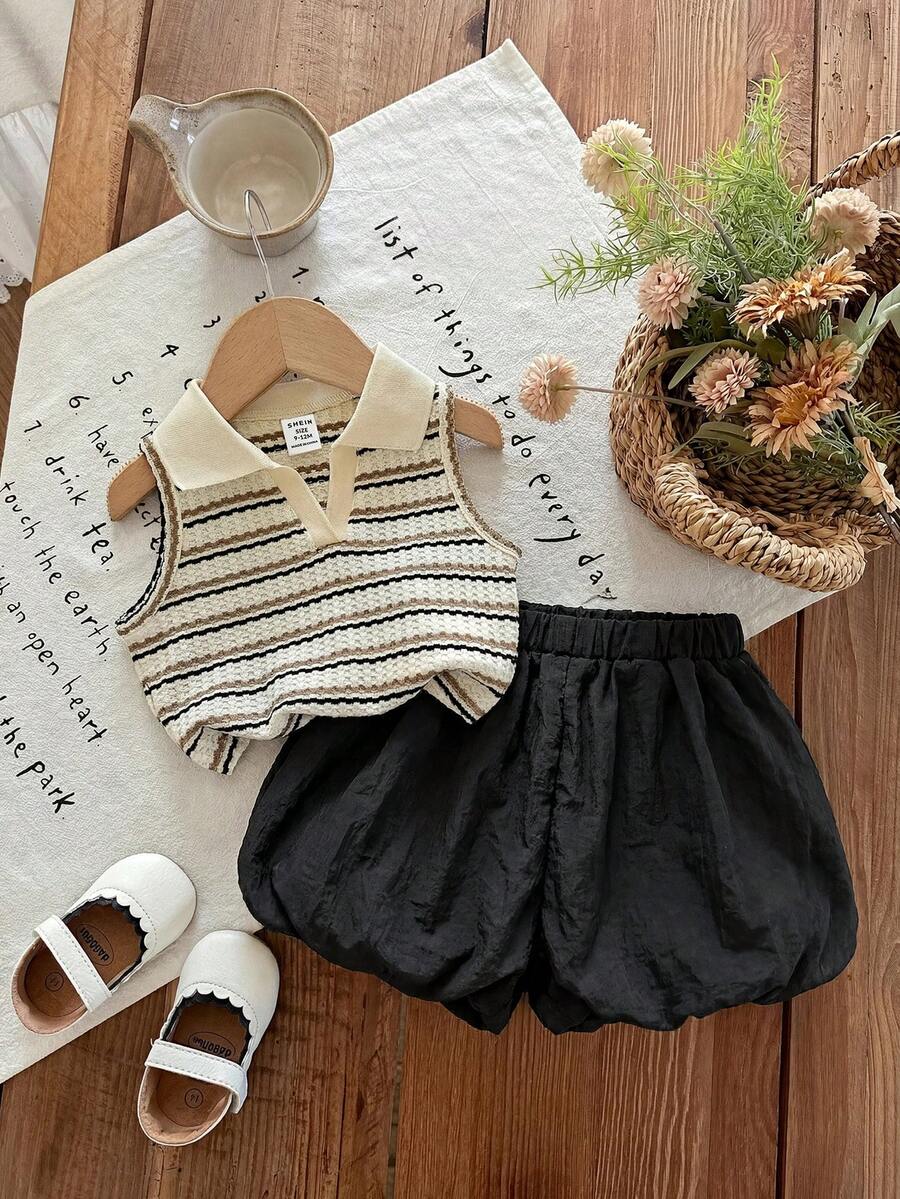 SHEIN LMoss Kids 女婴可爱夏季条纹 Polo 领背心和松紧腰荷叶边短裤套装 - 彩色 - 查看 1