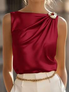 Editum Women's Regular Pleated Satin Sleeveless Blouse,Summer Top - Burgundy - View 3