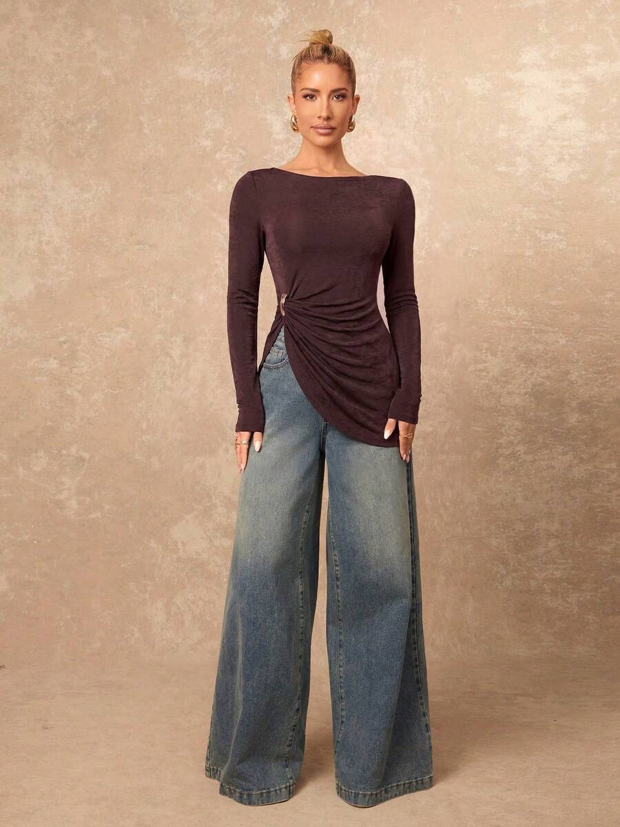 Lumalex Chocolate Brown Boat Neck Long Sleeve Ruched Asymmetric Wrap Top With Side Cutout Gold Ring Hardware Draped Waist Summer Autumn Top Office Commute