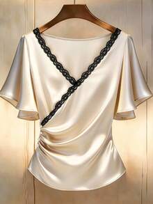 GlowEve CURVE Plus Size Women Satin Lace Patchwork Ruched Button Down Shirt Wedding Dinner Evening Black Summer Elegant - Apricot - View 3