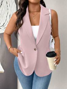 Elenzga Plus Size Women Thin Button Casual Minimalist Vest Jacket - Pink - View 7