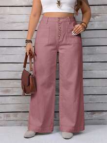 EMERY ROSE Plus Size Women Loose Button Front Wide Leg Casual Jeans - Dusty Pink - View 2