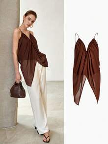 MOTF PREMIUM WOMEN'S RETRO ELEGANT FASHION CASUAL RUCHED CAMI TOP - Coffee Brown - View 1