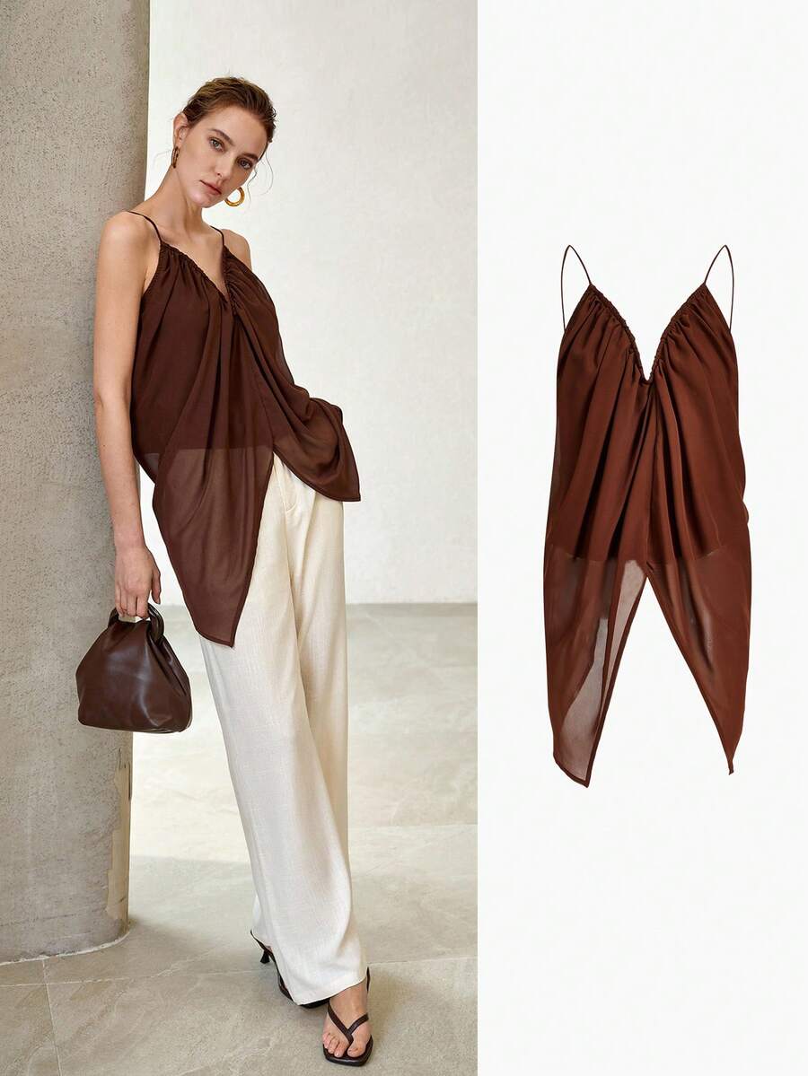 MOTF PREMIUM WOMEN'S RETRO ELEGANT FASHION CASUAL RUCHED CAMI TOP - Coffee Brown - View 1