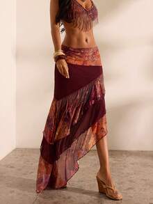 Opulessa Women's Summer Vacation Asymmetric Hem Tassel Detail Skirt - Brown - View 6