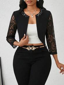 SHEIN Lady Women's Elegant Lace Patchwork Sheer Long Sleeve Lightweight Cropped Jacket With Faux Pearl Decor, Suitable For Spring, Summer And Autumn, Versatile For Work And Commute - Black - View 5