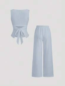Sweetra 2pcs/Set Spring/Summer New Boat Neck Ruffle Flare Sleeve Top T-Shirt And Flare Pants, Suitable For Commuting, Going Out, All-Match Versatile - Blue - View 2