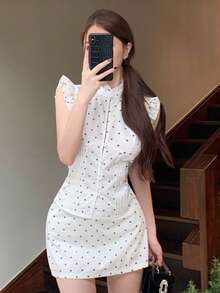 Livesso 2pcs Women Polka Dot Pattern Cap Sleeve Blouse And Mini Skirt Set - White - View 2