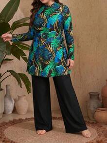 Swim Mulvari Plus Size Women's Black Base Floral Print Long Sleeve Dress Top And Solid Color Leggings Two Pieces Vacation Beach Outfit Bikini Swimwear - Multicolor - View 5