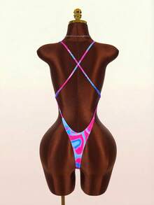 Amplova Maillot de bain une pièce à col en V et dos nu imprimé pour femmes, sexy et avant-gardiste, convient pour les vacances, mini maillot de bain mignon, teinture tie-dye couleur vive - Multicolore - Voir 3