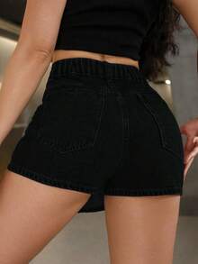 SHEIN ICON 大码女式春季不对称性感牛仔短裙，节日穿搭 - 黑色 - 查看 2