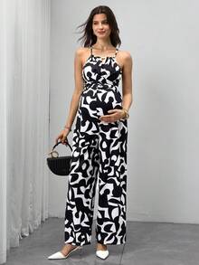SHEIN Bộ áo liền quần bầu với cổ yếm đính hạt gỗ, nơ thắt eo phía trước, quần in họa tiết kỹ thuật số. - Đen và trắng - Xem 1