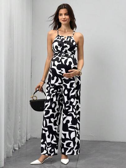 SHEIN Bộ áo liền quần bầu với cổ yếm đính hạt gỗ, nơ thắt eo phía trước, quần in họa tiết kỹ thuật số.
