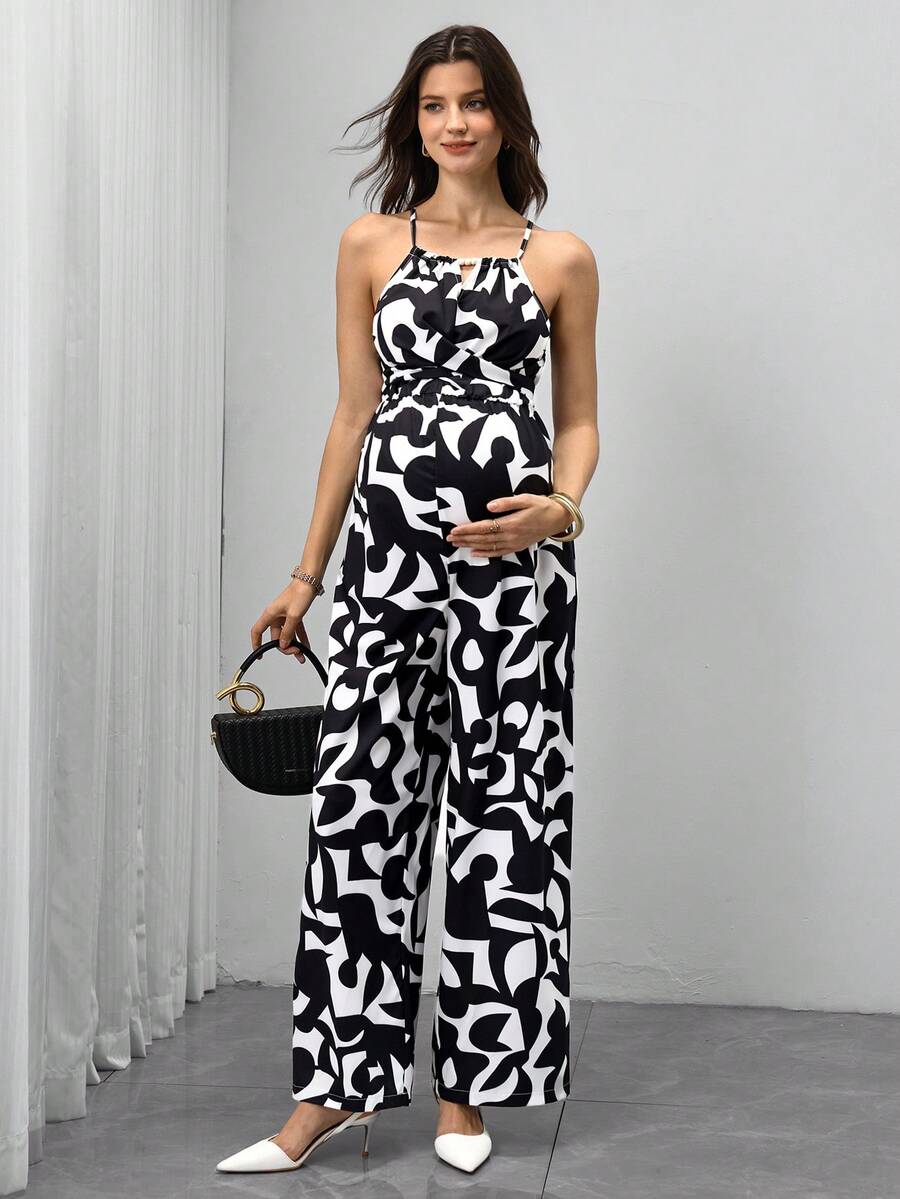 SHEIN Bộ áo liền quần bầu với cổ yếm đính hạt gỗ, nơ thắt eo phía trước, quần in họa tiết kỹ thuật số. - Đen và trắng - Xem 1
