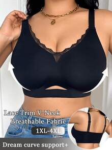 SHEIN Sujetador sin costuras con parches de encaje y escote profundo para tallas grandes - Negro - Ver 6