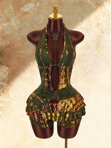 Amplova Mono de mujer con detalle de espalda descubierta, volantes en capas y bajo con volantes - Verde militar - Ver 3
