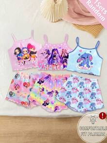 SHEIN 2pcs/Set Young Girl Knitted Camisole Top With Cute Girl Pattern & Shorts, Casual Style - Multicolor - View 6