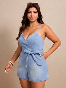 Elaquor Plus Size Women's Light Blue Summer Denim Romper,Smart Casual V-Neck Strapless Tie-Waist Jumpsuit,Vacation Breathable Cotton Cropped Denim Outfits - Blue - View 4