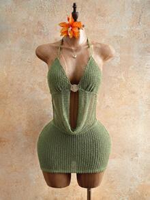 Mistrie Women's Solid Color Halter Backless Twist Drape Fitted Dress Beach Vacation Sage Green Summer Casual - Green - View 3