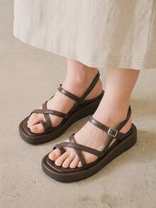 HighSole Women Shoes Spring And Summer New Multi-Belt Cross Back Buckle Design Open Platform Simple Versatile Style Sandals Daily Commuting Shopping Wear Summer Shoes - Coffee Brown - View 2