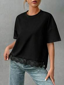 SHEIN Essnce Women's Fashion Versatile Lace Patchwork Round Neck Short Sleeve T-Shirt - Black - View 4