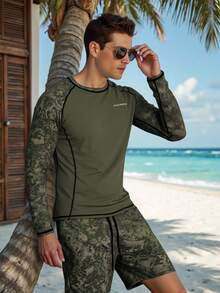 CoralVoy Men's Letter Print Raglan Sleeve Rash Guard And Swim Trunks Set - Dark Green - View 1