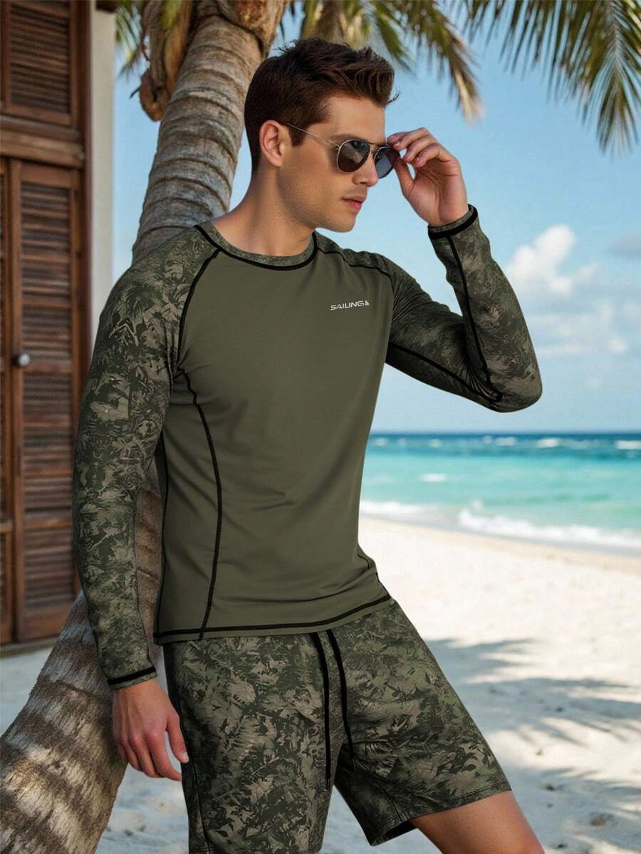 CoralVoy Men's Letter Print Raglan Sleeve Rash Guard And Swim Trunks Set - Dark Green - View 1