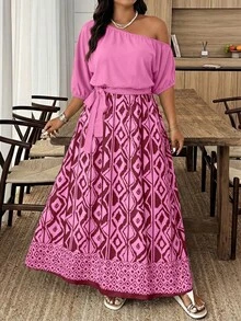 Weeklong Plus Size Rhombus Print Asymmetric Neck Twist Short Sleeve Dress - Multicolor - View 3