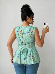 Elenzga Áo sơ mi cổ bẻ họa tiết hoa thanh lịch size lớn, phong cách đồng quê Pháp - Màu xanh Bạc hà - Xem 2
