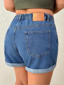 SHEIN Cottnline شورت جينز قصير للنساء مقاس كبير، قصة منحنية، لون أزرق جينز، كاجوال قابل للطي - أزرق داكن - مشاهدة 7