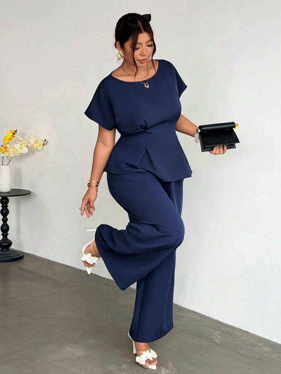 Firerie Summer Women's Elegant Navy Blue 2-Piece Set,Formal Work Commute Bamboo Texture Round Neck Short Sleeve Waist Pleated Top&Loose Wide Leg Pants Outfit