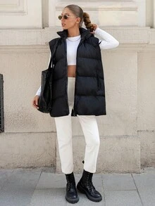 EURMUSE Chalecos de invierno para mujer con bolsillo y detalles en cremallera de unicolor - Negro - Ver 5