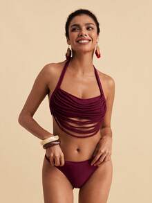Travachic Conjunto de bikini sexy de verano para playa con cuello halter y lazo para mujer - Rojo - Ver 3