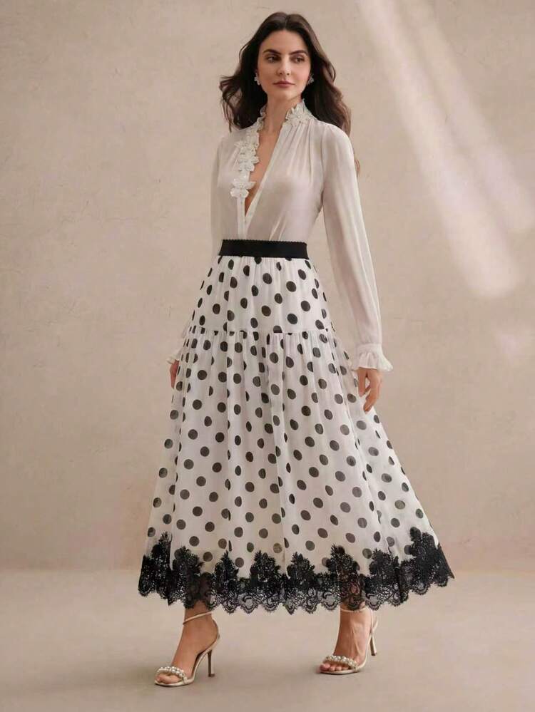 Women's Black White Polka Dot Summer 70s 80's Party Vintage Sweet Elastic Waist Tiered Skirt,Lace Trim,Flattering Fit For Commute & Date Standard Size