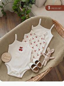 3件套可爱休闲针织女婴樱桃印花吊带连体衣套装 - 彩色 - 查看 7